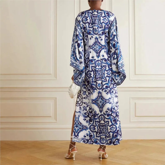 Blue & White Porcelain Print Midi Dress – Slash Neck, 3/4 Sleeve, Side Split Luxegan