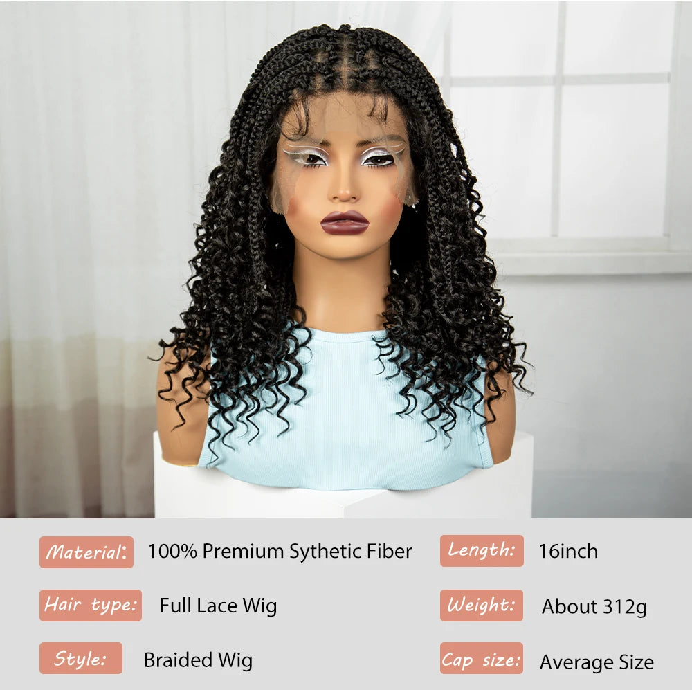 Full Lace Braided Lace Wigs Synthetic Knotless Box Braided Lace Wig with Curly Ends for Black Women Kinky Curly Braided Bob Wig Luxegan
