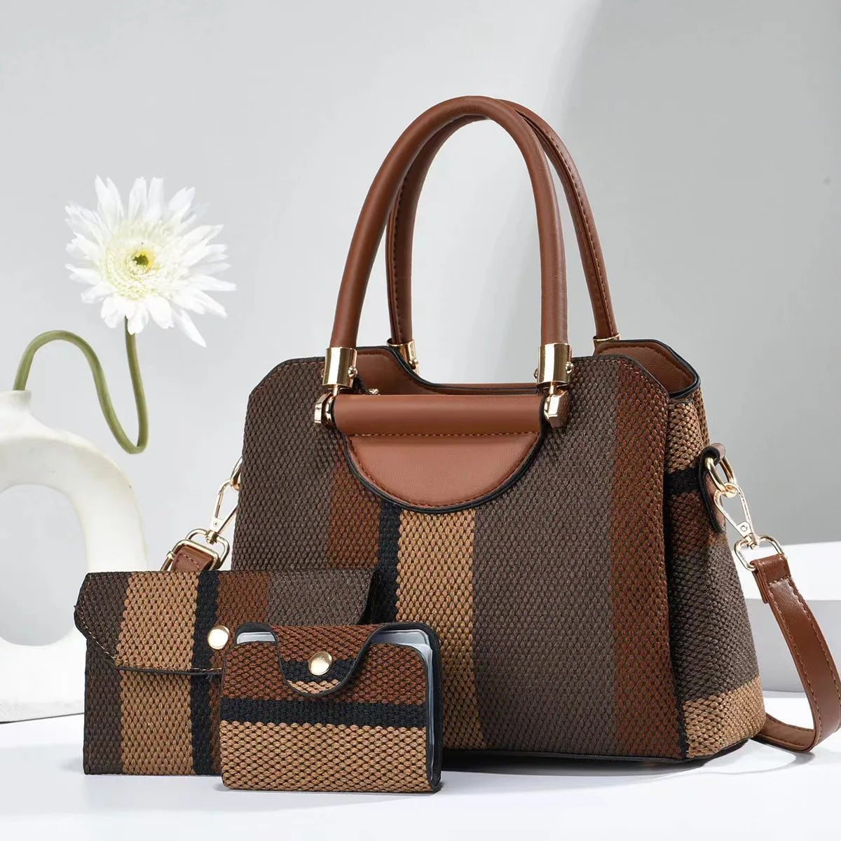 3-Piece Set Fashion Women's Handbags | Striped Leather Totes & Top-Handle Bag Luxegan