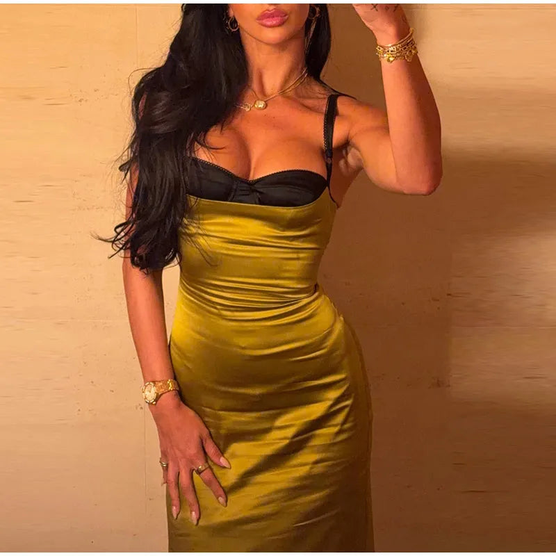 Sexy Satin Sleeveless Slip Midi Dress for Women Elegant Bodycon Evening Cocktail Dresses 2026 New Female Party Clubwear Outfit