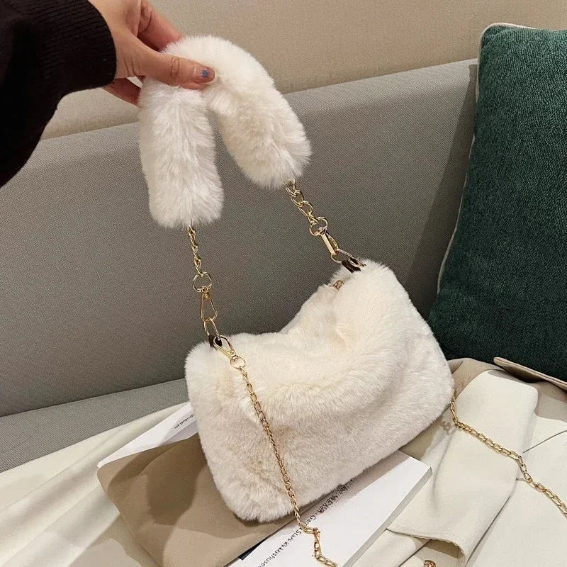 Fashion Women's Fluffy Shoulder Bag | Female Winter Chain Underarm Bag & Soft Plush Handle Handbag (Solid Color) Luxegan