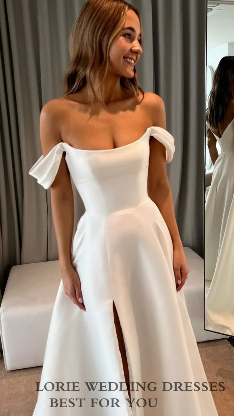 Classic Soft Satin A-Line Wedding Dress | Elegant Off-The-Shoulder Sleeveless Bridal Gown | Vintage Lace Applique Beaded Wedding Party Gown | Model 11DWYW2000051 Custom Floor-Length Court Train Dress Luxegan