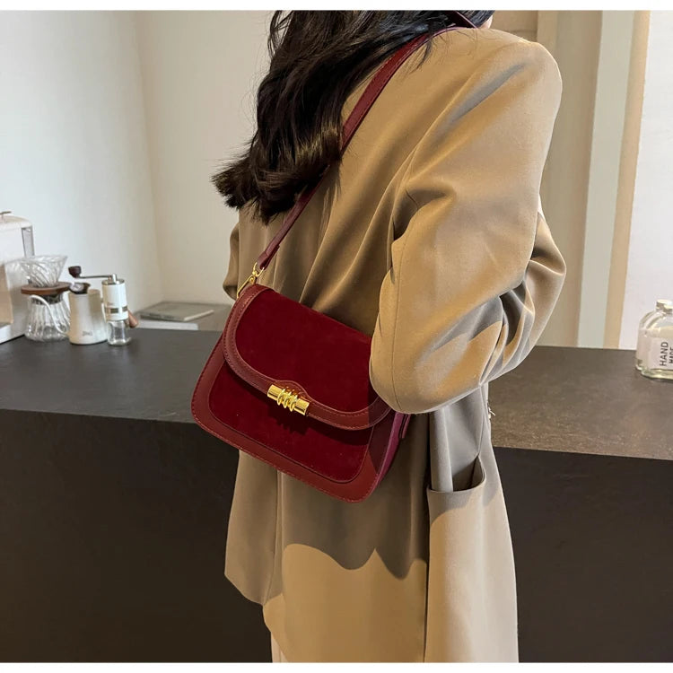 High-Quality Burgundy Retro Frosted PU Splicing Crossbody Bag Luxegan
