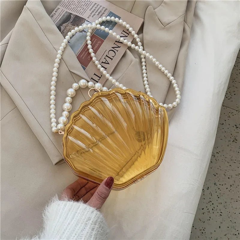 PVC Transparent Shell Bag | Hard Pearl Chain Crossbody & Evening Clutch Luxegan