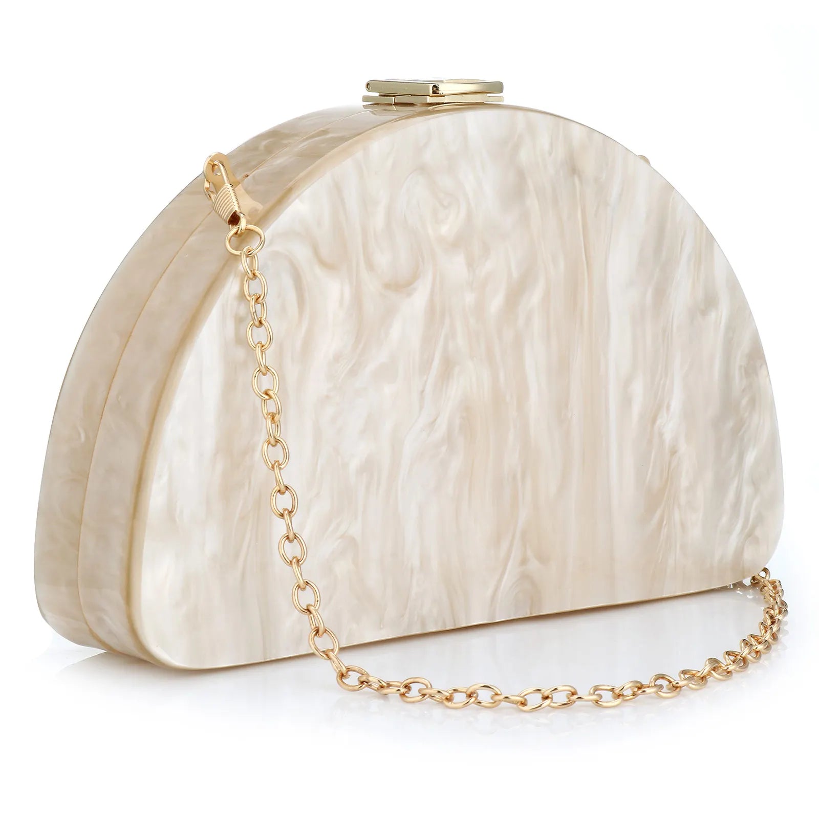 Elegant Acrylic Evening Box Bag for Women | Sophisticated Half-Moon Clutch Purse | Luxury Lady’s Prom and Wedding Party Handbag | High-Street Fashion Minaudiere Shoulder Bag with Chain Decoration Luxegan