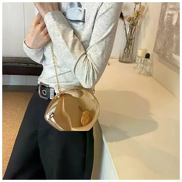 Designer Acrylic Shell Shape Clutch Bag | Gold Silver Women's Evening Party Bag & Cute Shiny Metal Shoulder Crossbody Bags (Small Purse) Luxegan