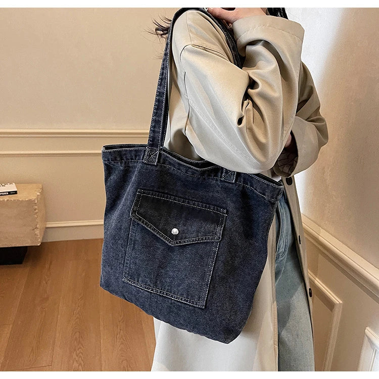 Fashion Luxury Women’s Denim Shoulder Bag | High-Quality Fabric Large Capacity Tote | Sophisticated Multi-Functional Handbag | Fashion-Forward Square Denim Crossbody with Exterior Flap Pocket Luxegan