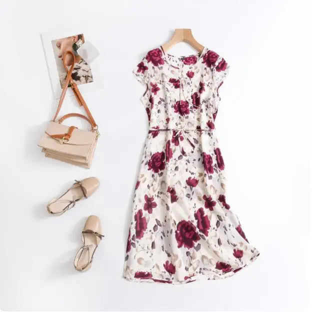 Print Round Neck Flare Sleeve Loose Straight Midi Dress – Mulberry Silk, Summer