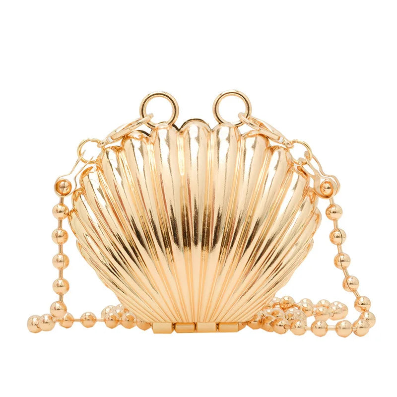 Metallic Heart Shell Minaudiere | Hard Golden/Silver Designer Evening Clutch Luxegan