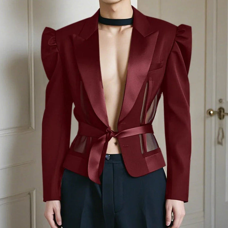 Patchwork Mesh Design Blazer | Sophisticated Splicing Clubwear Silhouette | Elegant "Single Button" Summer Suit Coat | "Dignified" Solid Long-Sleeved Blazer for Radiant Versatile Styling Luxegan
