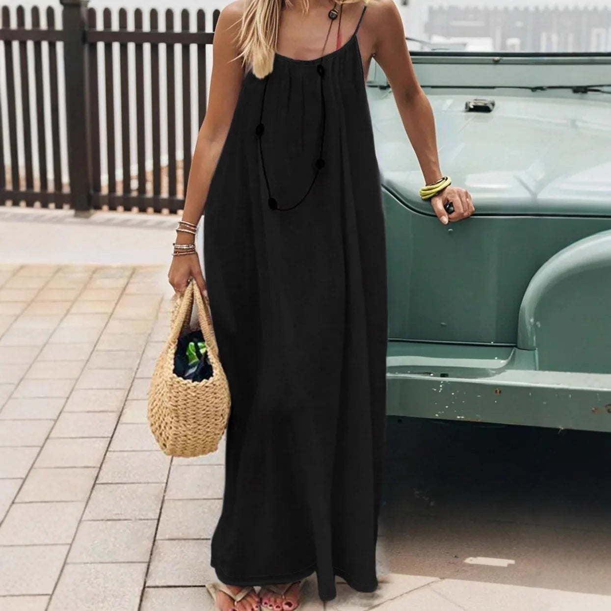 Ladies Loose H-Line Long Gown Nightwear | Comfortable Polyester Sleeveless Strap Home Clothing | Casual V-Neck Solid Color Lounge Dress | Elegant Ankle-Length Summer Beach Style Sleepwear Luxegan