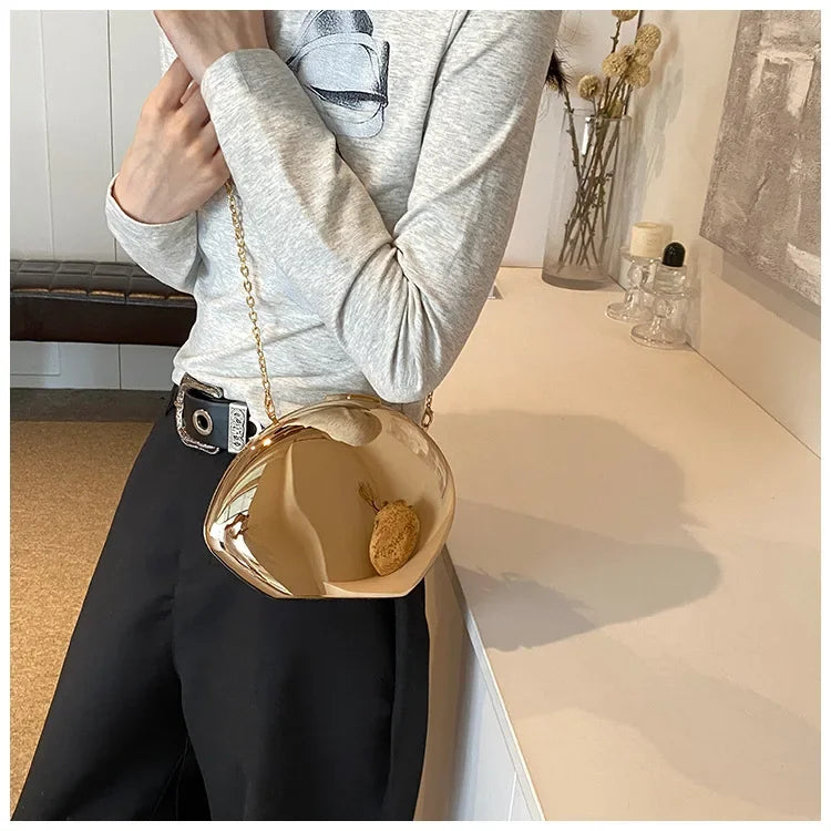 Designer Acrylic Shell Shape Clutch Bag | Gold Silver Women's Evening Party Bag (Cute Shiny Metal Shoulder & Crossbody Purse) Luxegan