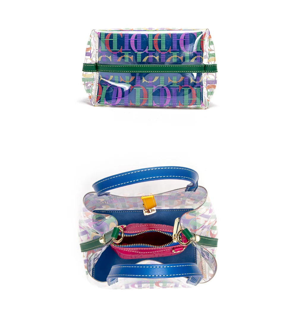 PVC Letter Print Bucket Bag | Transparent Large Capacity Tote & Travel Crossbody Luxegan