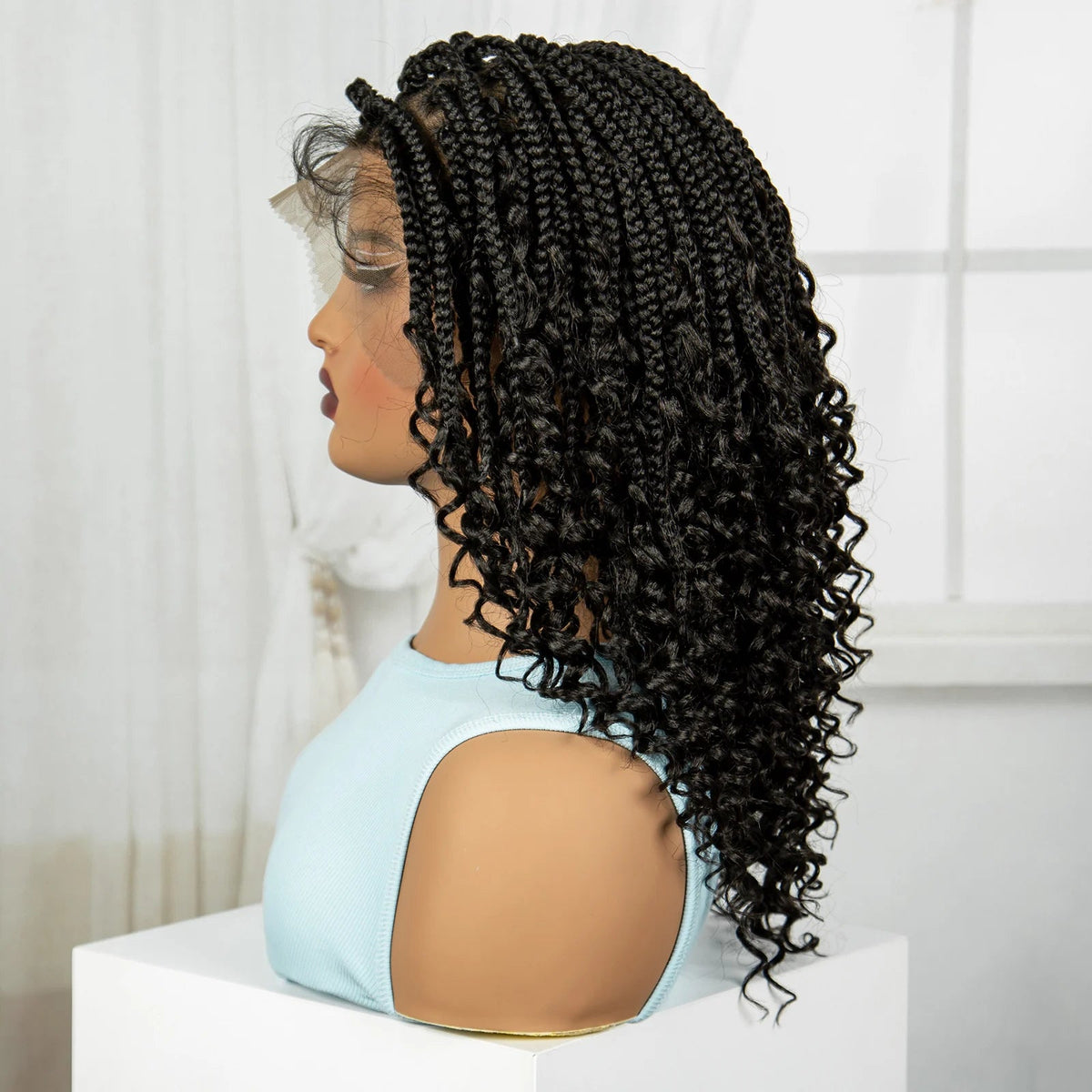 Full Lace Braided Lace Wigs Synthetic Knotless Box Braided Lace Wig with Curly Ends for Black Women Kinky Curly Braided Bob Wig Luxegan