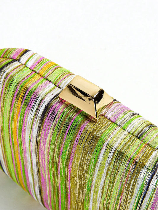 Colorful Stripe Sparkling Clutch Bag | Fashionable Rainbow Design Crossbody Purse | Sparkling Multi-Color Party Handbag | Trendy Striped Evening Bag with Chain Strap Luxegan