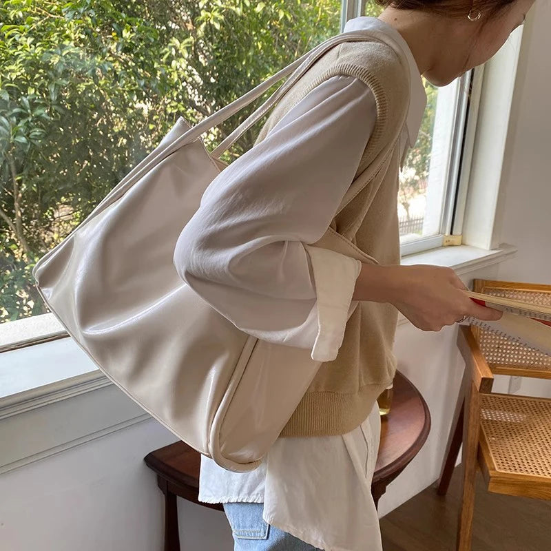 Large Capacity PU Leather Commuter Tote | Soft Shoulder Book Pack Luxegan