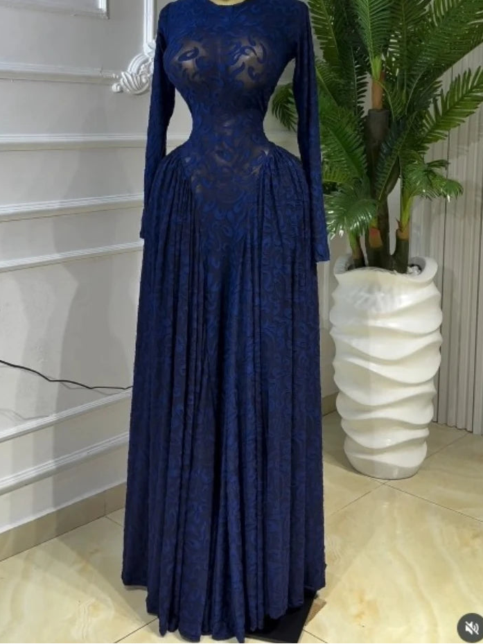 Floral O-Neck Full-Length Sleeve Mesh Pleated A-Line Floor-Length Dress – Empire Waist, Regular Fit, Spring/Summer Luxegan