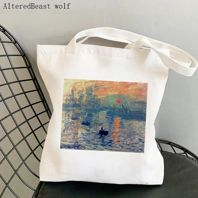 Monet Water Lilies Canvas Shoulder Bag | Sophisticated Kawaii Harajuku Shopping Tote | Elegant Art-Inspired Shopper Handbag | "Dignified" Durable Square Purse for Versatile Daily Styling Luxegan