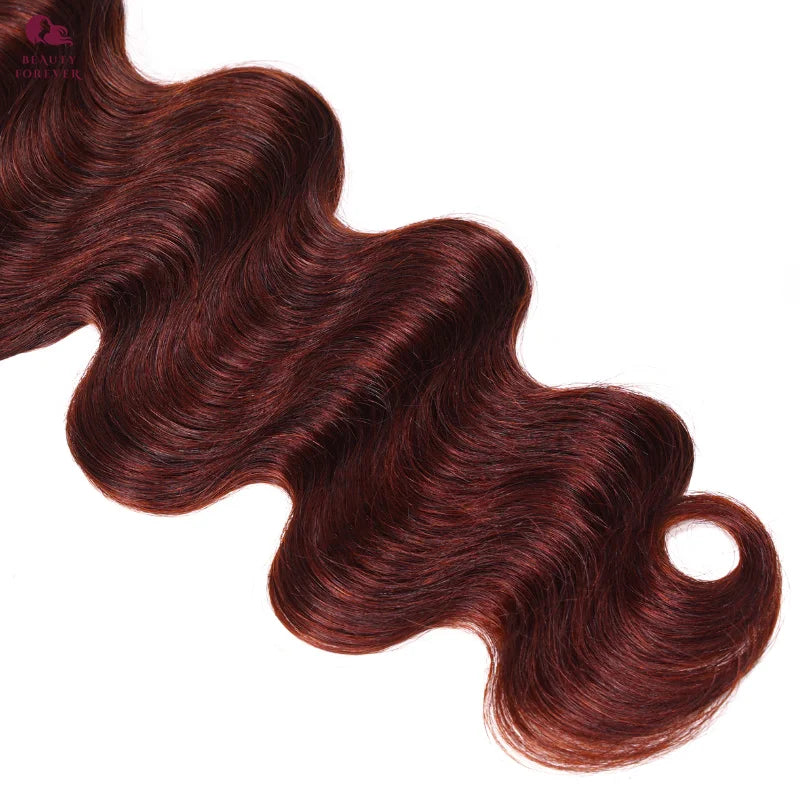 Grade 12A Reddish Brown Human Hair Bundles with Closure | Premium Brazilian Body Wave 3 Bundles with 4x4 Lace Closure | Luxury Colored Remy Human Hair Extensions | Safe to Perm Standard 4-Piece Complete Hair Matrix Luxegan