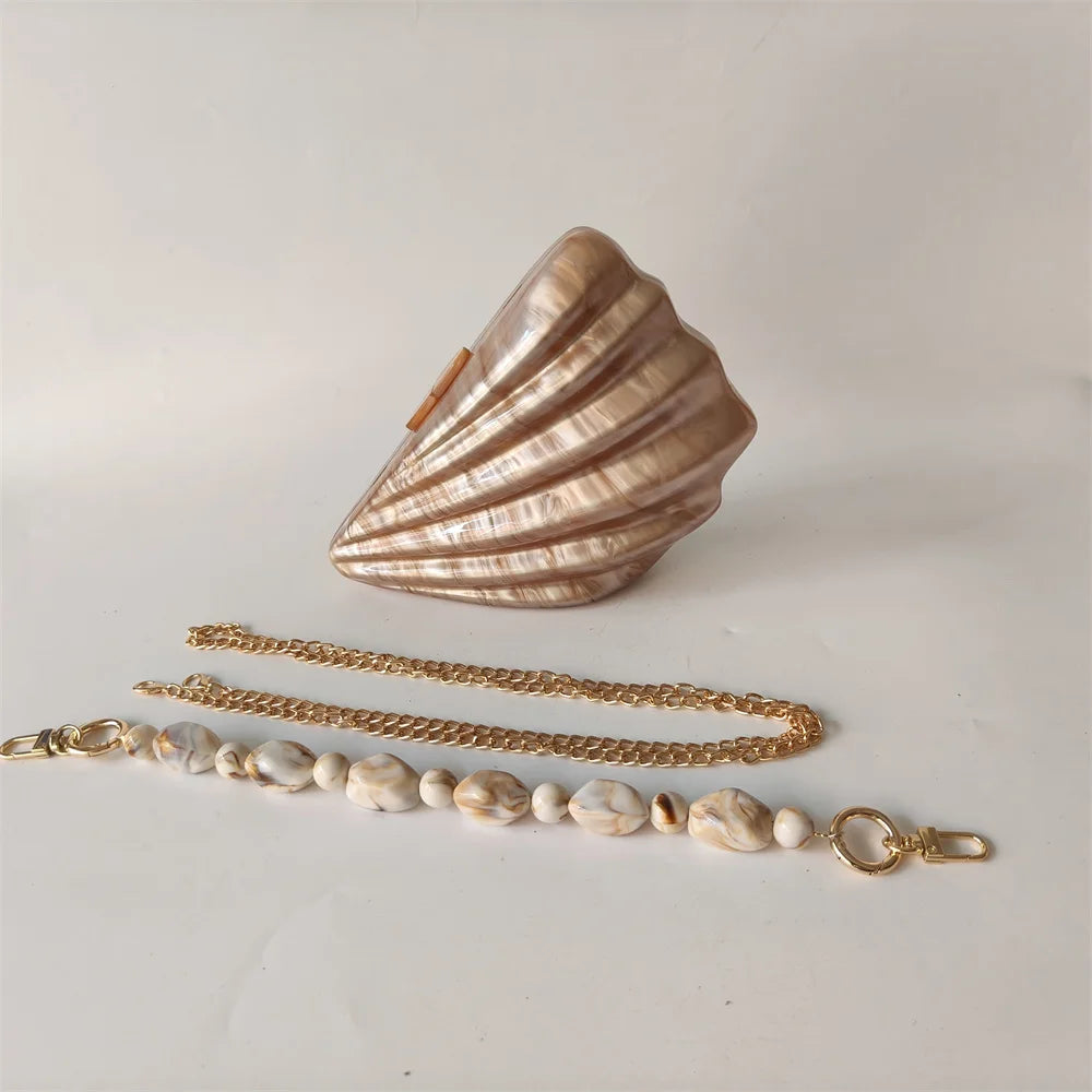 Luxury Marble Pearl Box Clutch | Sophisticated "Shell Brown" Silhouette | Elegant Designer Acrylic Handbag | "Dignified" High-Performance England Style Essential for Radiant Versatile Styling Luxegan