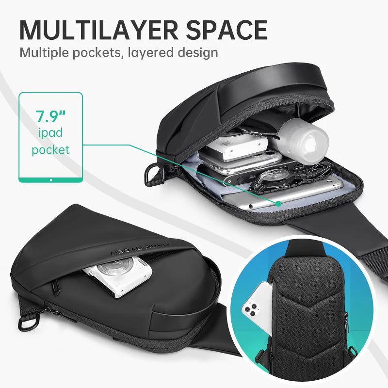 MR 8518 Men's Oxford Sling Chest Bag | 7.9-Inch Waterproof Moto Biker Crossbody Bag | Premium Anti-Theft USB Charging Shoulder Bag | Black New Fashion Bowling Shaped Sling Pack Luxegan