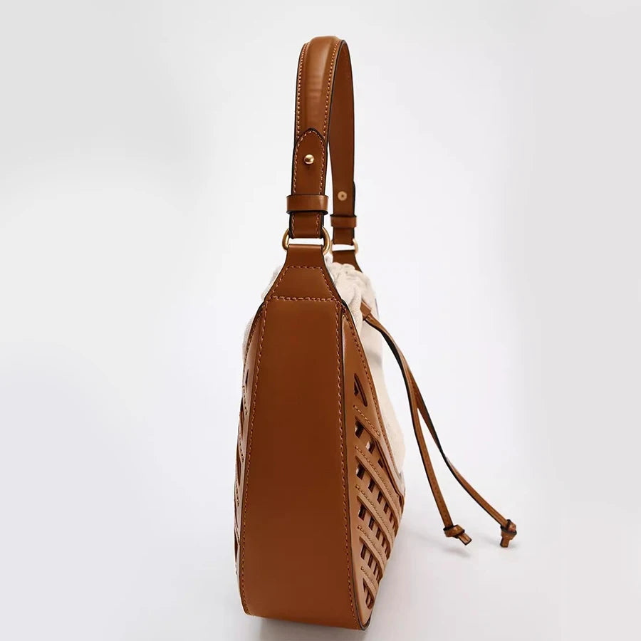 Fashionable Autumn & Winter Woven Hollow Shoulder & Crossbody Bag | Retro Versatile Travel Contrast Color Large Capacity Canvas Handbag Luxegan