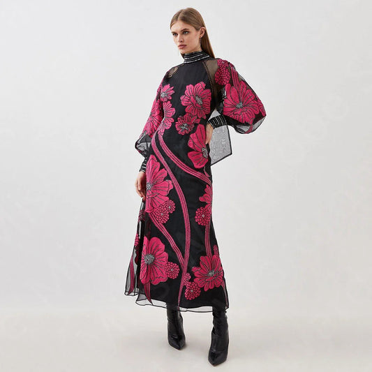 Vintage Black Arabic Contrast Color Evening Dress | Elegant High-Neck Full Sleeve Prom Party Gown | Luxury Beaded Organza Ankle-Length Wedding Guest Dress | Classic A-Line Bespoke Formal Gown Luxegan