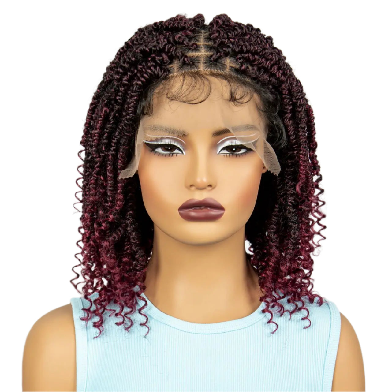 Burgundy Knotless Box Braids Bob Wig with Curly Ends | Lace Front Luxegan