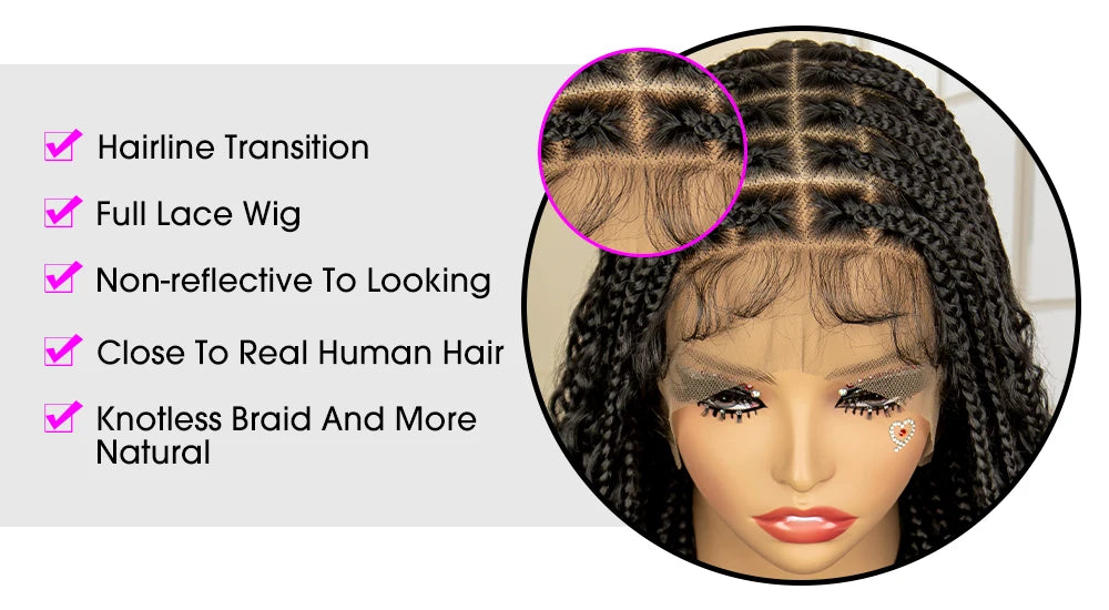 36 Inches Long Boho Braided Wigs with Baby Hair Synthetic Full Lace Knotless Box Braiding Wig with Curly Lace Frontal Wig Luxegan