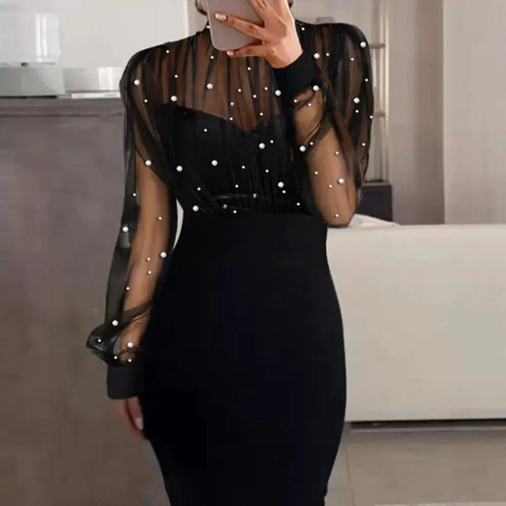 Sheer Detail Round Neck Full Sleeve Slim Sheath Mid-Calf Dress – Solid, Autumn Luxegan