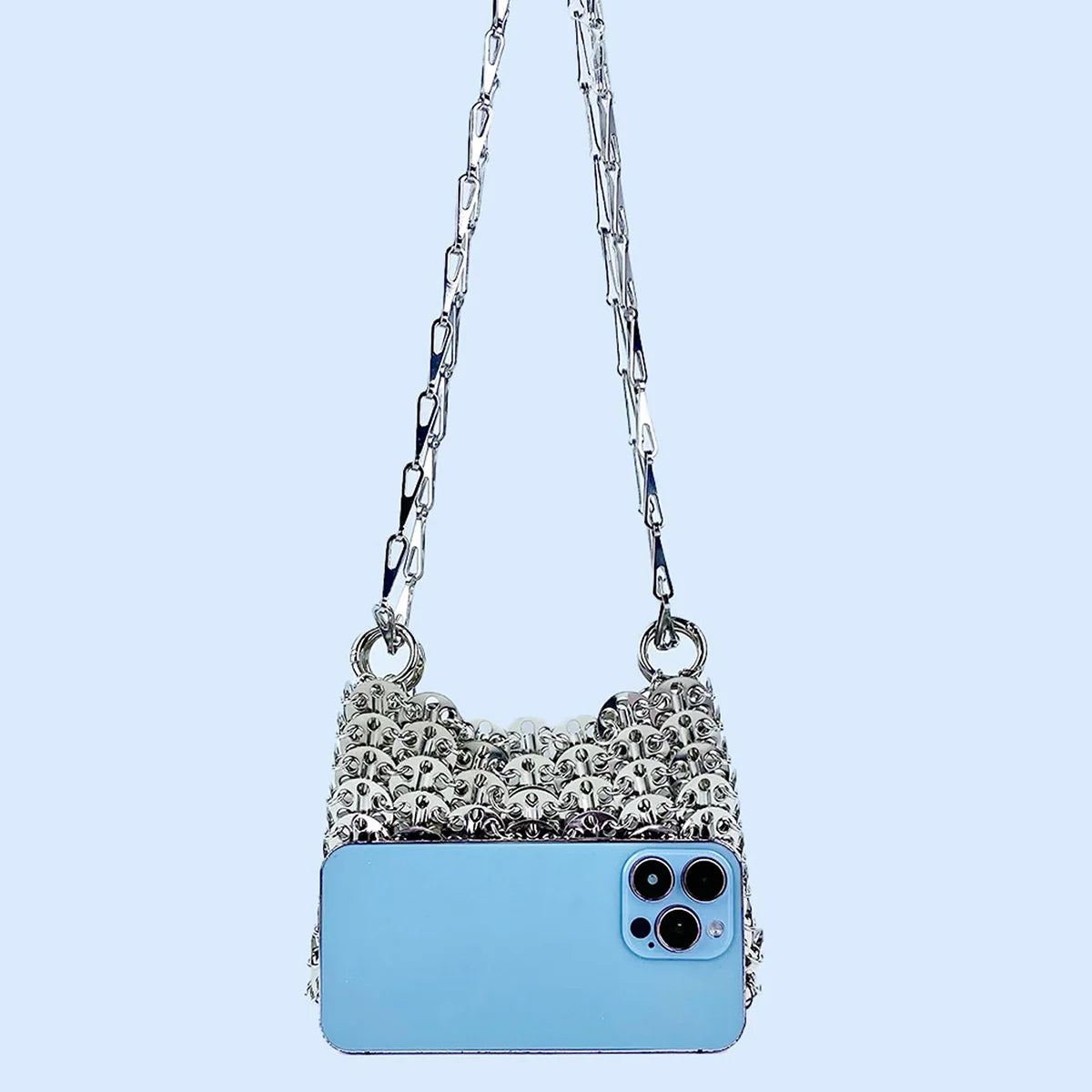 Silver Shiny Bag Handmade Woven Beaded Sequin Bag Mobile Phone Bag | Long Shoulder Strap Single Shoulder Crossbody Bag for Women Luxegan
