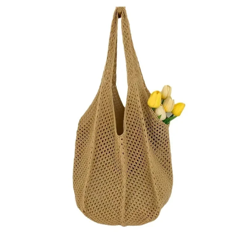 Women’s Solid Crochet Tote Handbag | Hollow Woven Summer Mesh Beach Bag | Large Capacity Aesthetic Knitting Hobo Bag | Casual Underarm Crochet Shoulder Bag Luxegan