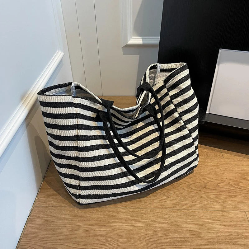 Casual Striped Canvas Bag for Women | Large Capacity Shoulder Bag & Daily Shopping Tote (Student Bookbag for School, Travel, Beach) Luxegan