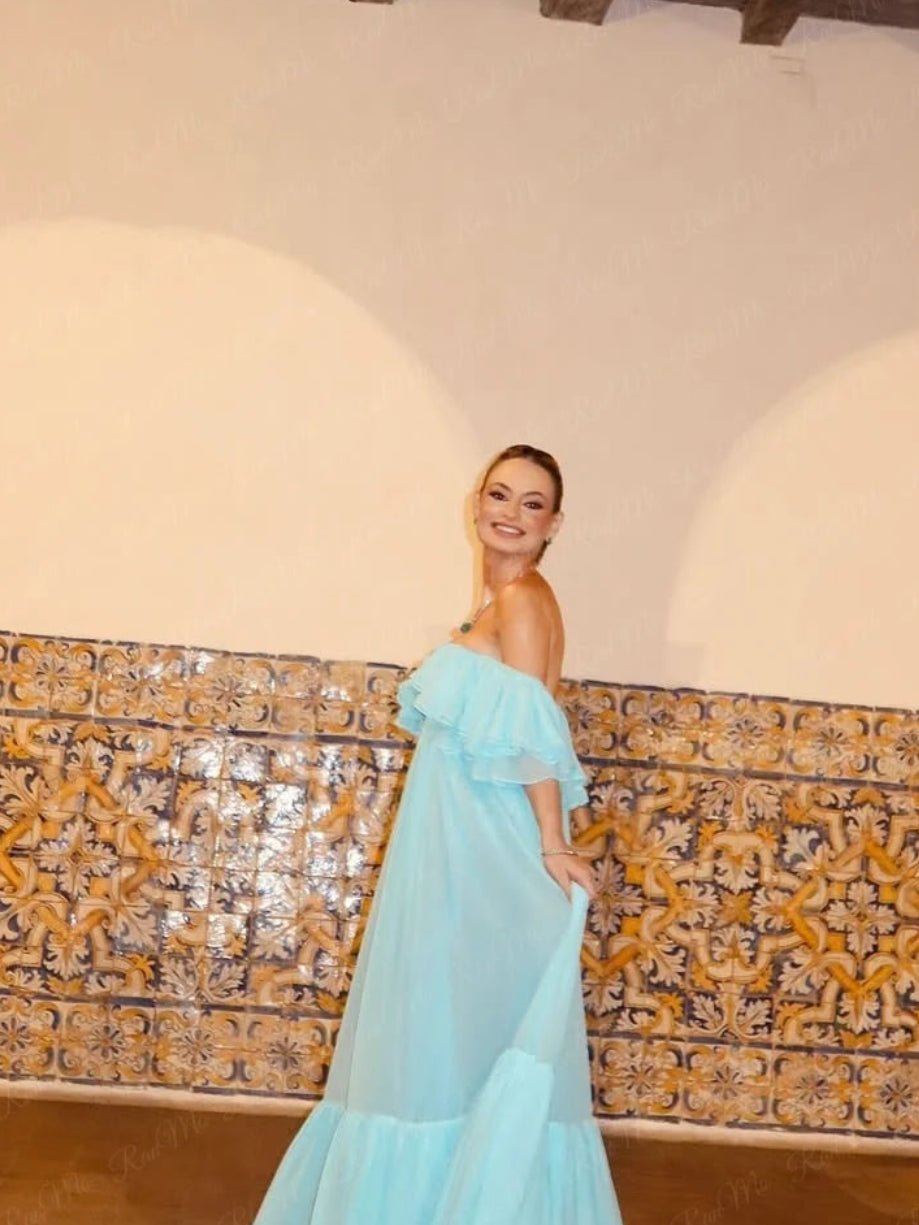 New Off-Shoulder Ruffle Prom Gown | Elegant Chiffon Wedding Guest Dress | Strapless A-Line Floor-Length Summer Formal Evening Party Dress Luxegan