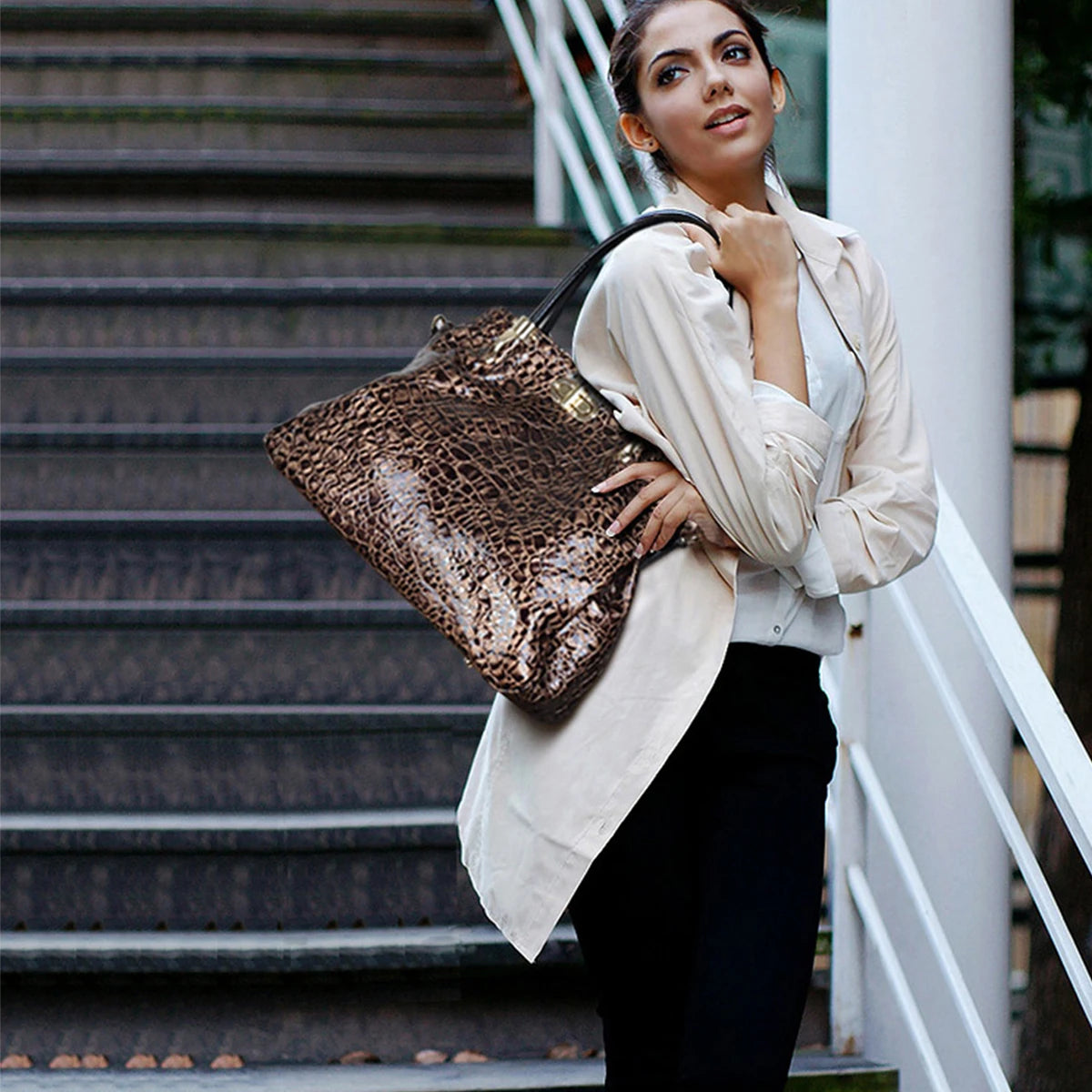 Luxury Designer Leopard Print Handbag | Genuine Leather Large Capacity Shoulder Bag for Women | Sophisticated Soft Leather Tote with Chain & Lock Detail | Professional Computer Interlayer Satchel (Model 91288) Luxegan