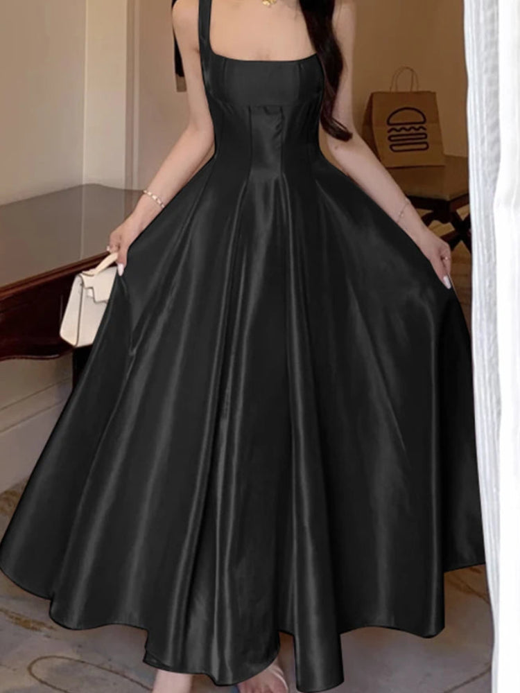 Women's Elegant White Silky Satin Maxi Dress | Graceful Square Neck Wedding Guest Evening Gown | Sexy & Club Sleeveless Tank Party Robe | Premium Non-Stretch Slim Fit A-Line Dress Luxegan