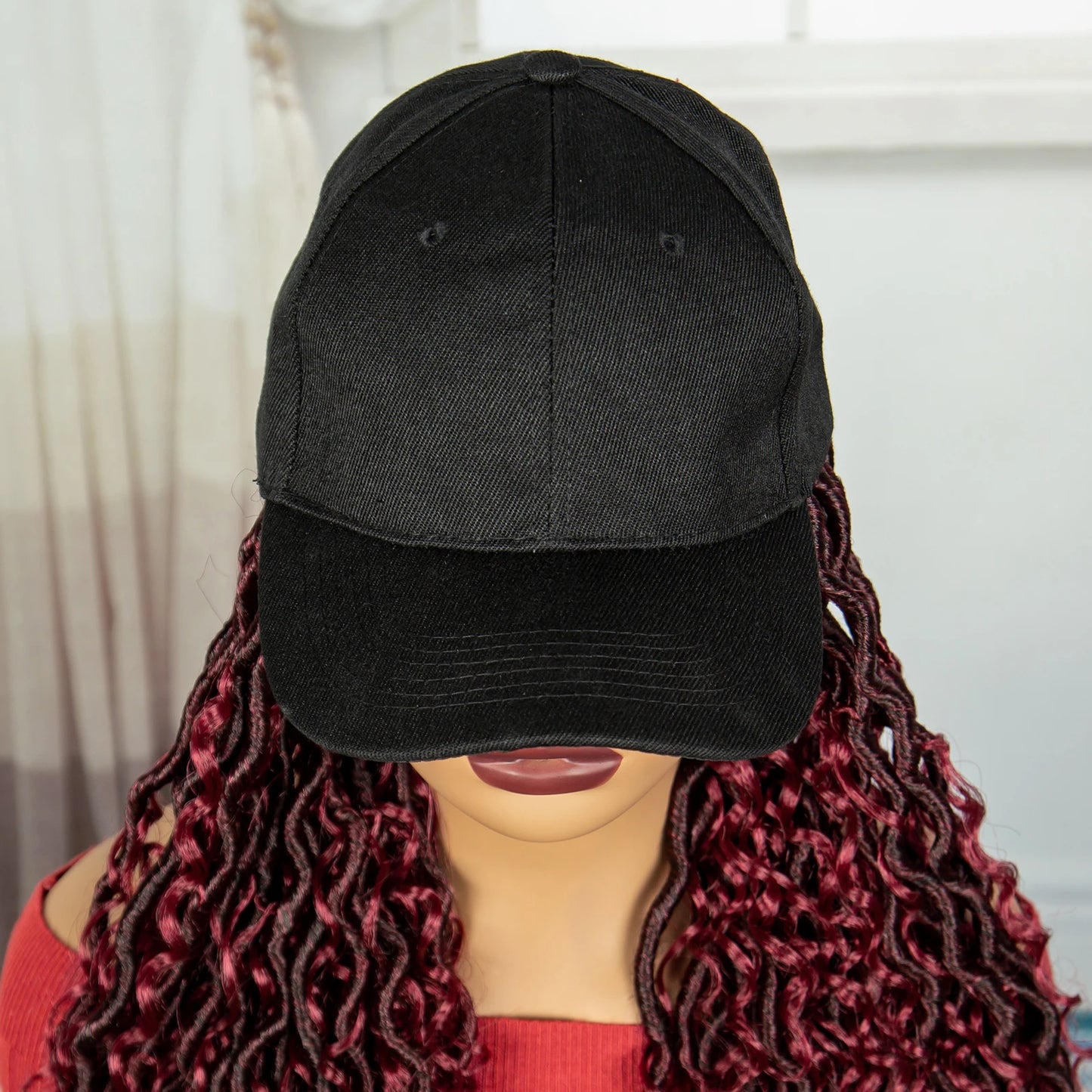 Burgundy Braided Hat Wig with Curly Ends | Knotless Braids | Adjustable Cap Luxegan