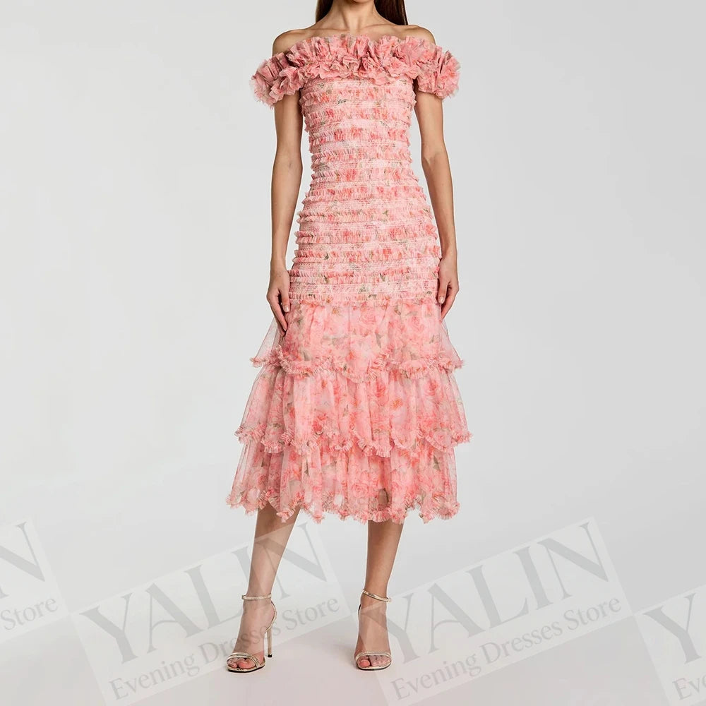 Floral Print A-Line Prom Dress | Off-Shoulder Tea-Length Ruched Evening Gown Luxegan