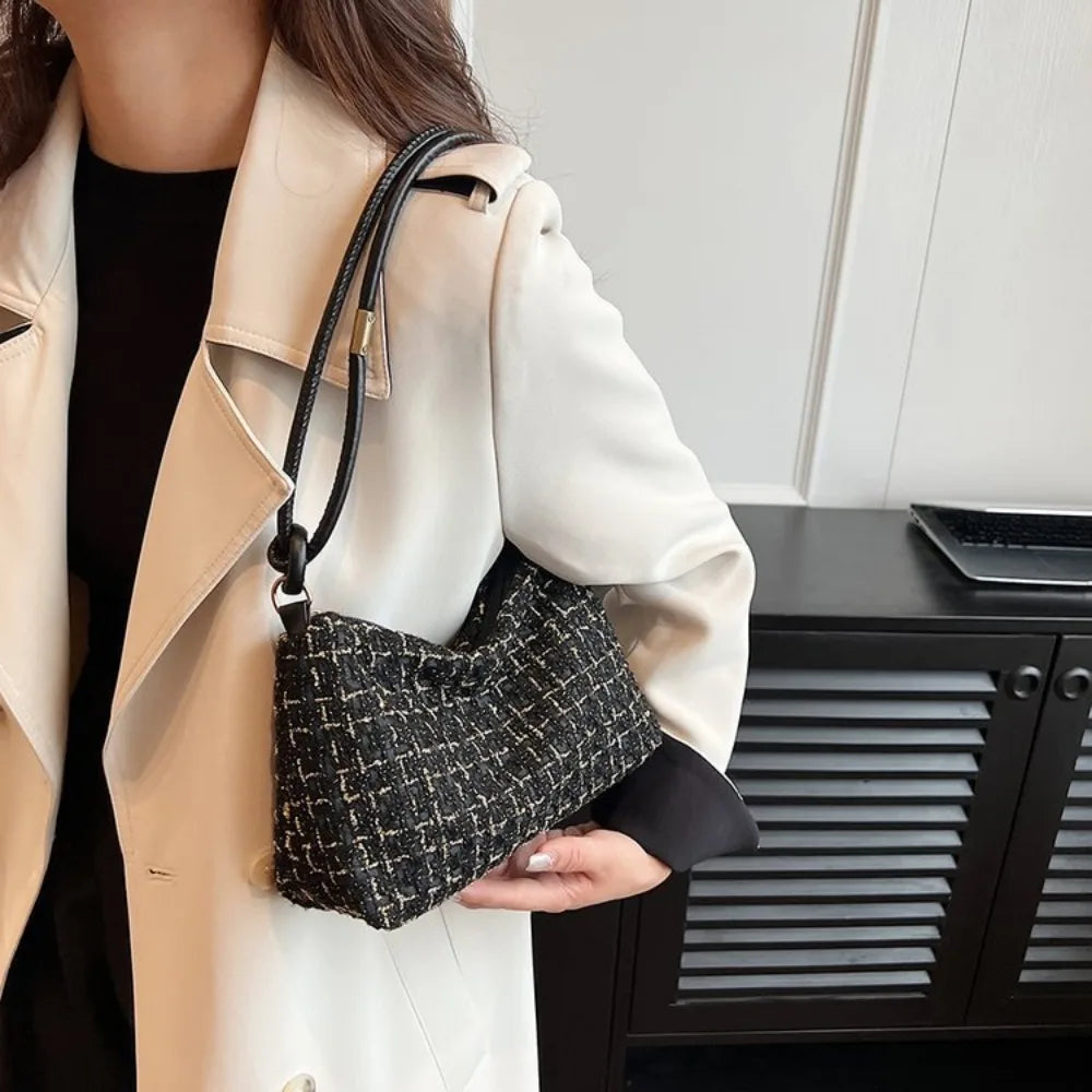 Hobos Luxury Designer Soft Woolen Plaid Underarm Bag | Korean Style New Crossbody Purse with Appliques for Party Luxegan