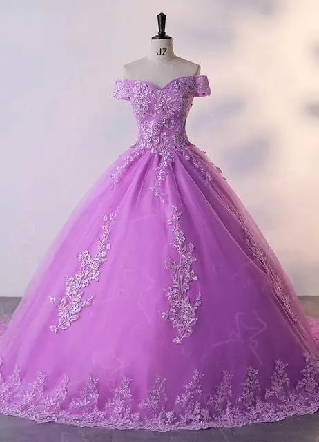 Luxury Floral Tulle Quinceañera Ball Gown | Off-The-Shoulder Sweet 15 Party Dress | Floor-Length Embroidered Lace Princess Dress Luxegan