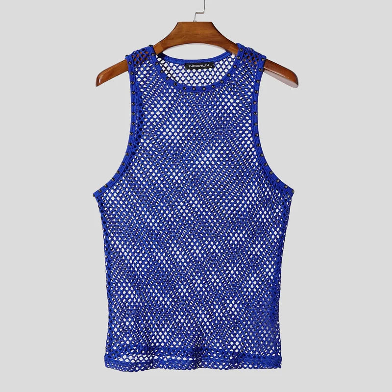 Men’s Solid Color Hollow-Out Mesh Tank Top | Sophisticated "See-Through" Streetwear Silhouette | Elegant Summer Sexy Fashion Vest | "Dignified" High-Performance Men's Clothing for Radiant Versatile Styling Luxegan