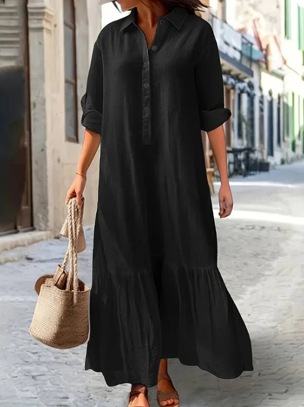 Women's Solid Cotton Hemp Casual Robe Dress | Shirt Collar Twisted Buckle Maxi Dress | Full-Sleeve Loose-Fit A-Line Spring Summer Streetwear Luxegan