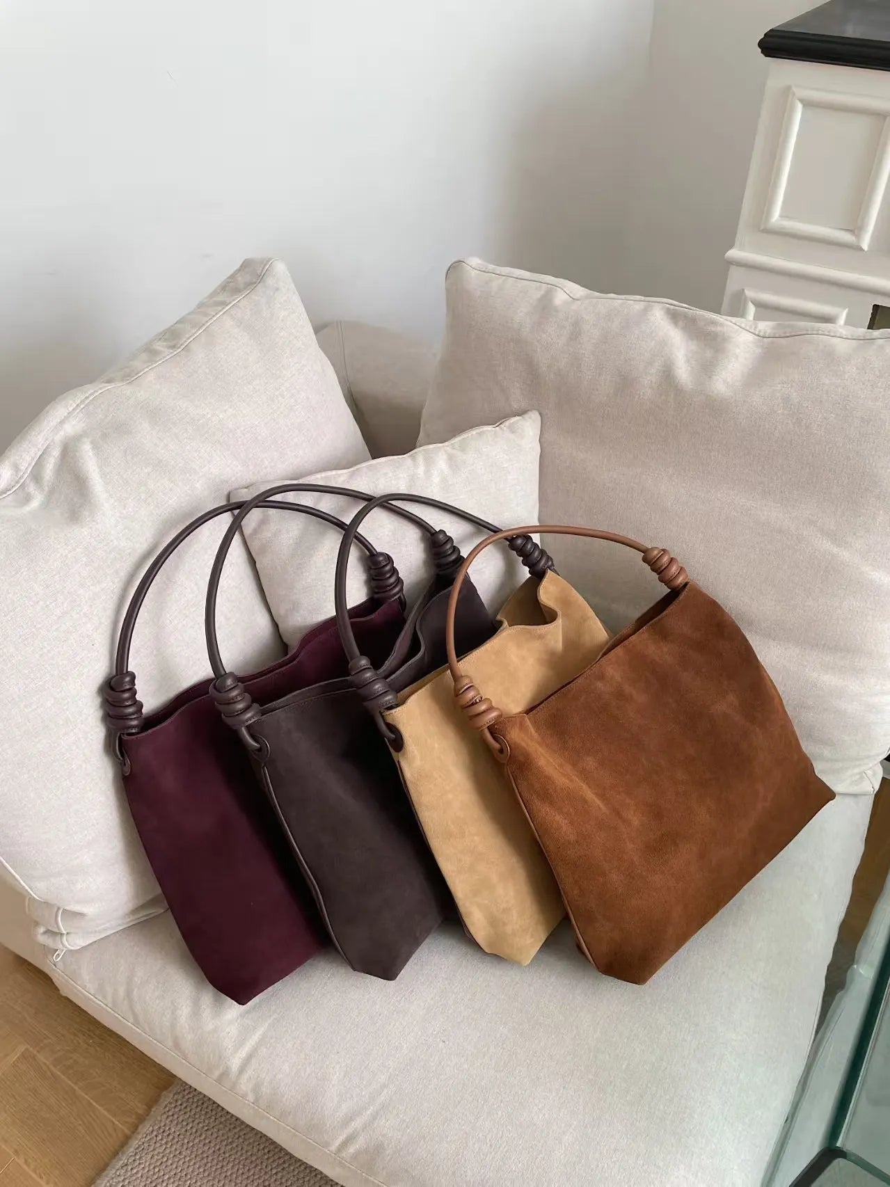All-Match Chamois Matte Suede Cowhide Leather Tote | Large Capacity Designer Maillard Dressing Coffee Winter Ladies Handbag Luxegan