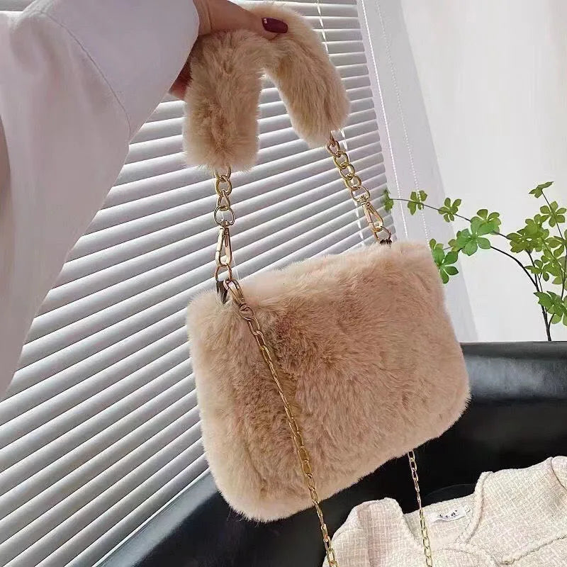 Fashion Women's Fluffy Shoulder Bag | Female Winter Chain Underarm Bag & Soft Plush Handle Handbag (Solid Color) Luxegan