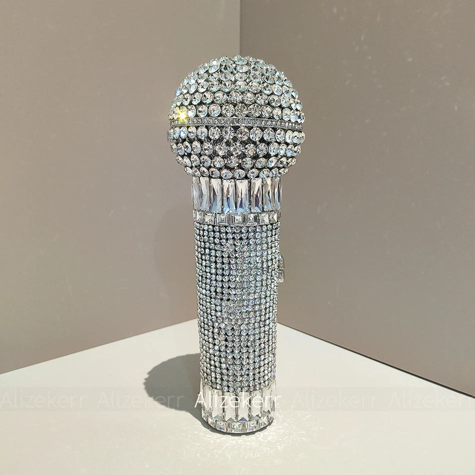 Gorgeous Microphone-Shaped Evening Bag | Unique Diamond-Encrusted Metal Clutch | Luxury Rhinestone Handbag for Parties, Weddings, & Red Carpet Events Luxegan