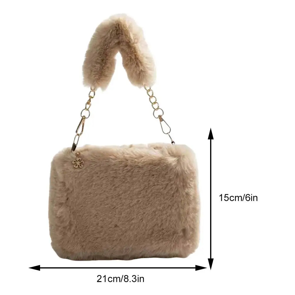 Fuzzy Plush Top Handle Bag | Soft Faux Fur Chain Crossbody Luxegan