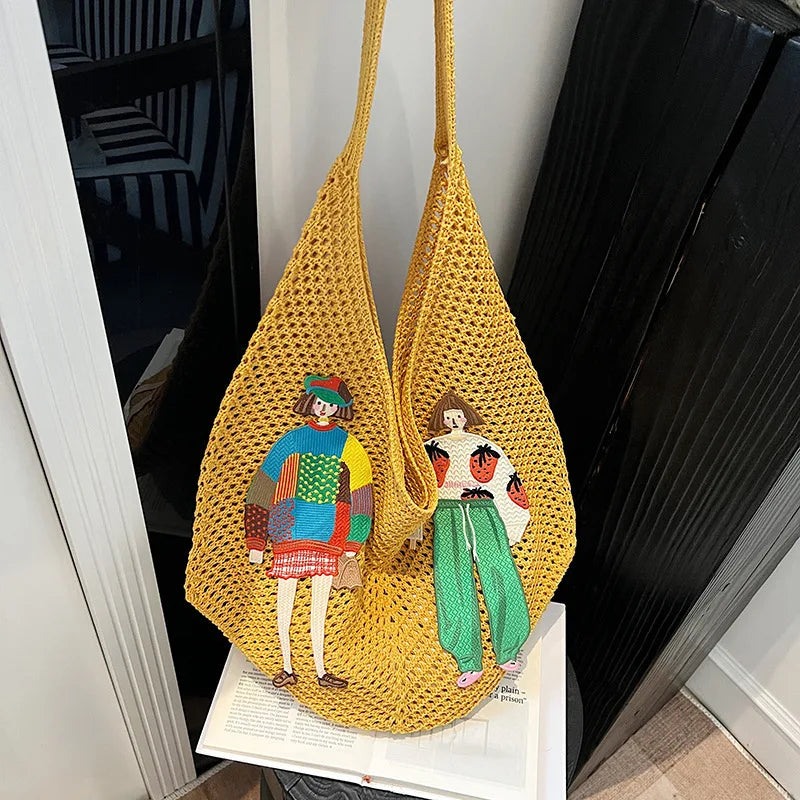 Hollow Mesh Knitted Shoulder Bag | Slouchy Chic Cartoon Beach Tote | Lightweight Laid-Back Woven Handbag | Spring & Summer Versatile Nylon Satchel for Women Luxegan