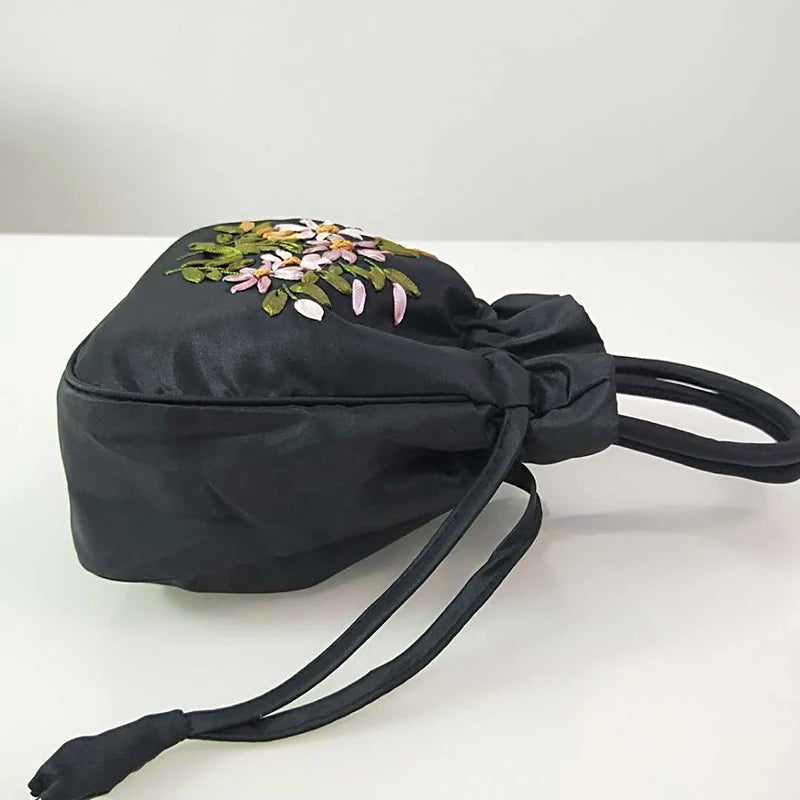 Bolsos Retro Bordados con Cordón Bolsas de Almacenamiento Carteras Monederos Tarjeteros Bolsos de Hombro Tipo Cubo Bolsos de Muñeca