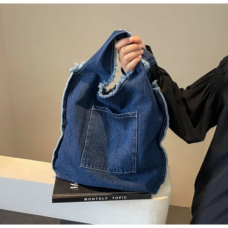 Custom Logo Printing Denim Tote Bag | High-Quality Student Style Leisure Handbag | Unisex Cartoon Pattern Canvas-Lined Crossbody Bag (Model 3138) Luxegan