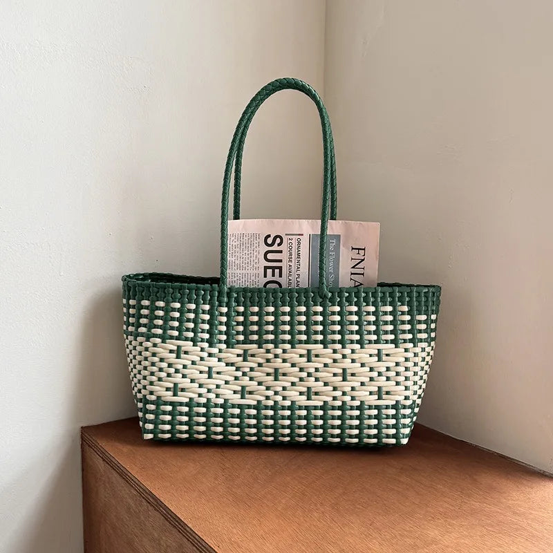New Woven PVC Beach Vacation Tote Bag | Laid-back Style Bucket Basket Bag for Women Luxegan